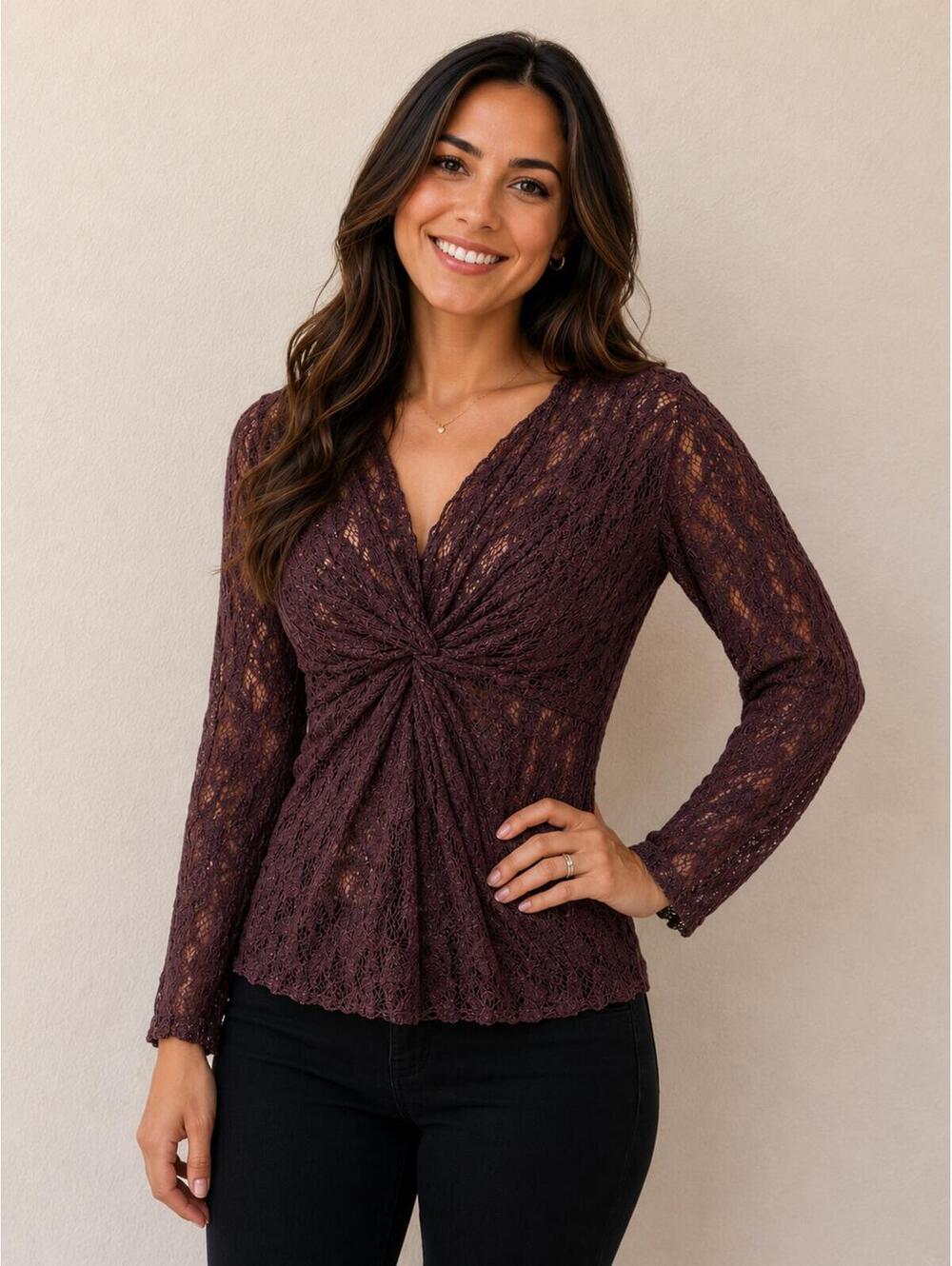 Karen Kane Medium Brown Lace Knit‎ Long Sleeve Top